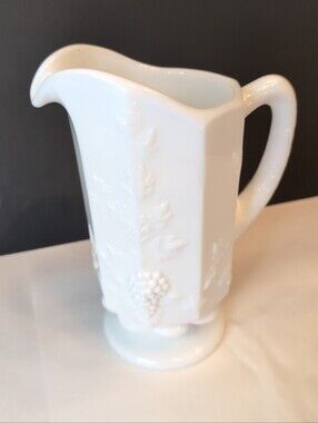 Vintage Westmoreland Paneled Grape Milk Glass 9" Footed Pitcher With Spout